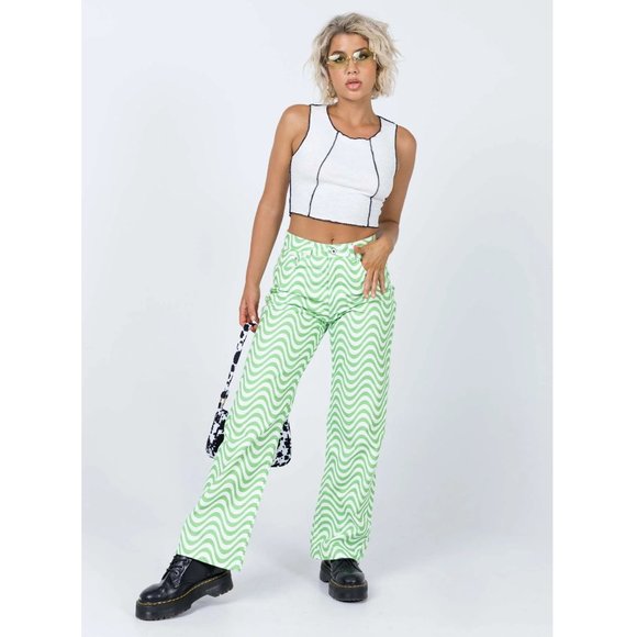 Ragged Jeans Brand Pants Lime Green & White Wavy Pattern Size 26 - Picture 2 of 12